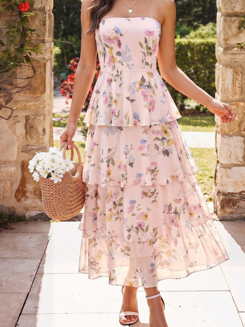 Dusty Pink Boho Floral Women's Strapless Chiffon Dress - Picture 8 of 10